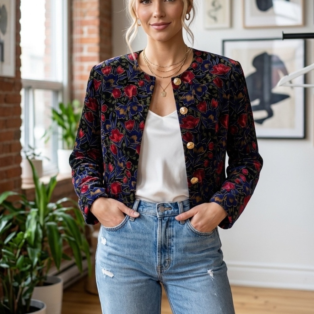 Vintage BROCHURE Velvet Floral Cropped Jacket | Medium
